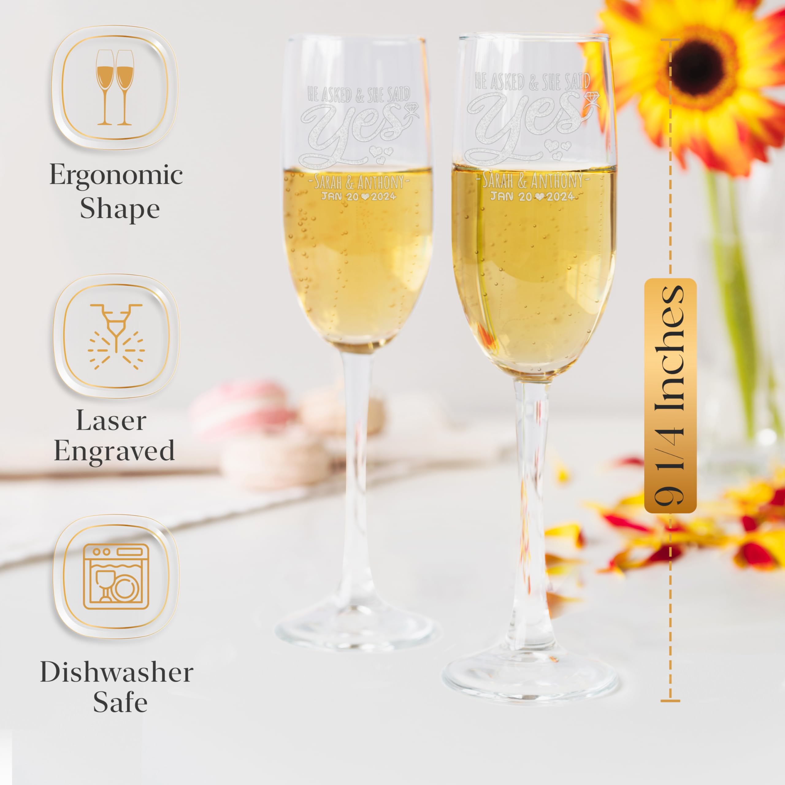 Set of 2, Personalized Wedding Champagne Flute Glasses 8 oz. Custom Engraved with Names and Date, Toasting Flutes for Bride, Groom, Newlyweds (Said Yes)