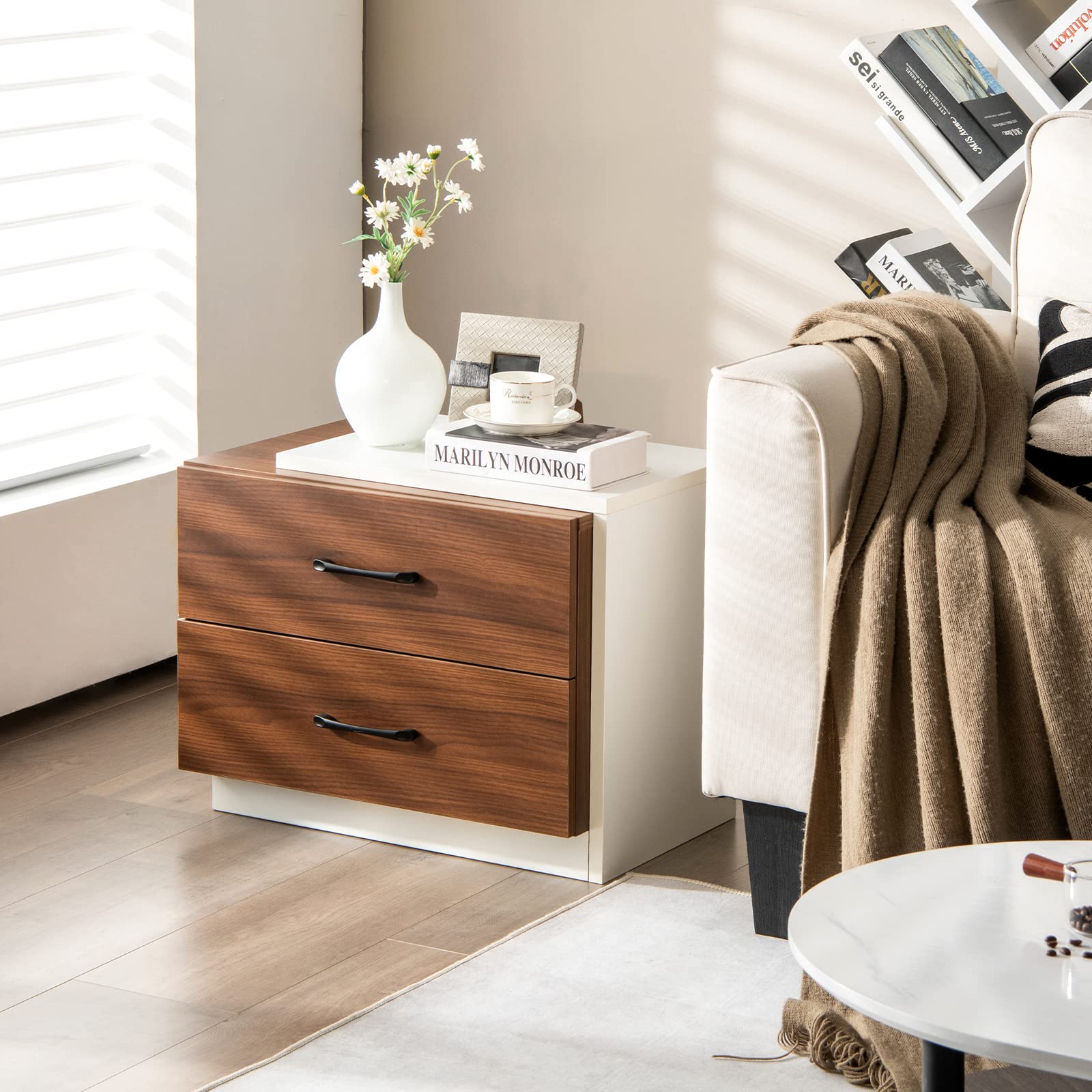 LOKO Modern Nightstand with 2 Drawers, Wooden Bedside Table with Unique Framed Design, Multifunctional End Table for Bedroom, Study, 21.5 x 16 x 18 inches, Walnut & White