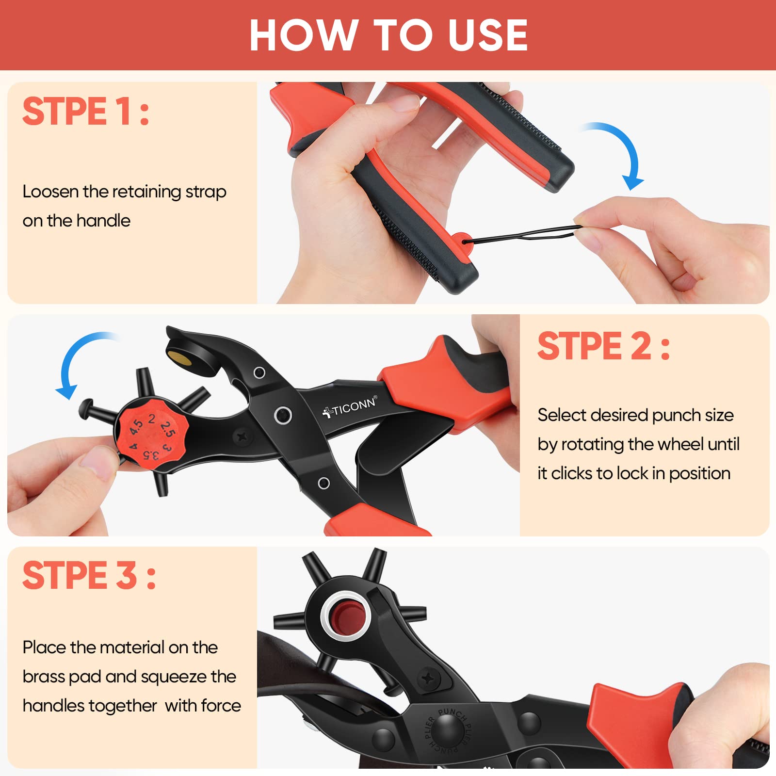 TICONN Leather Hole Punch Tool Set, Heavy Duty Multi-Size Hole Puncher Tool for Belts, Watch Bands, Plastic, Fabric