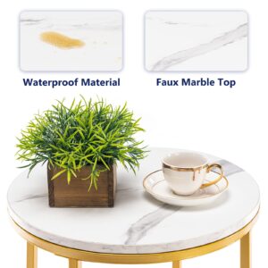 TECHMILLY Round End Table, Faux Marble Sofa Table, Accent Side Table with Metal Frame, Modern Gold Nightstand, Tall Coffee Table for Living Room, Bedroom-2 Packs