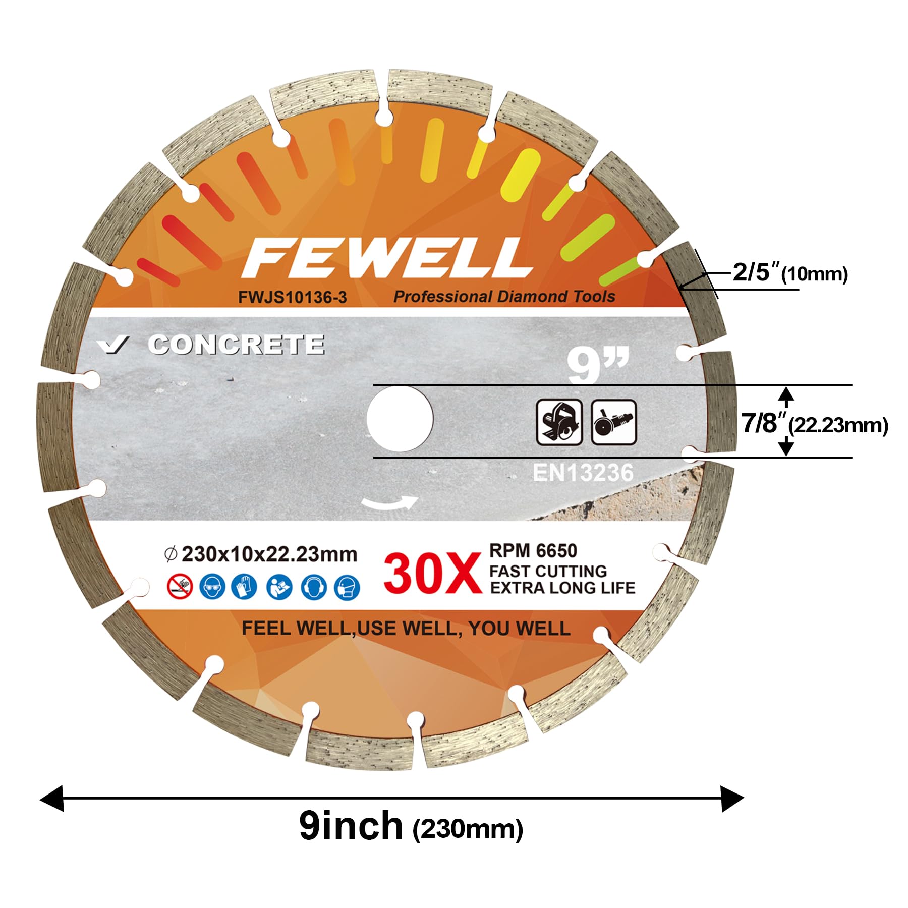 FEWELL 9 Inch Diamond Blade, Segmented General Purpose Blade Dry/Wet Cutting Concrete, Masonry, Brick, Block，Stone (3 Packs)