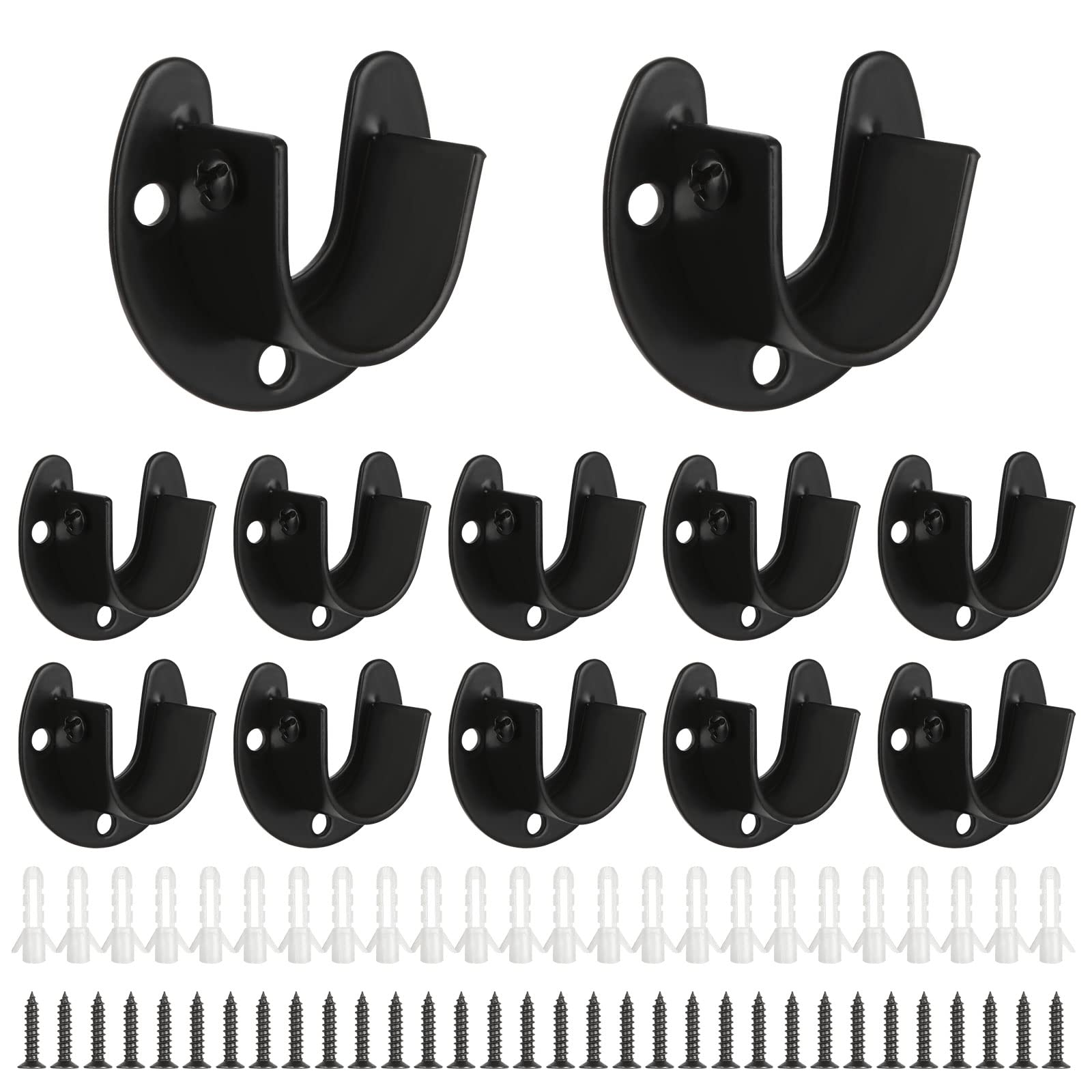 12PCS Closet Rod Brackets Heavy Duty Closet Shower Rod Holders 1In Closet Pole Socket Stainless Steel Closet Rod Support U Shaped Curtain Flange Rod Holder with Screw for Closet Shelf Wardrobe Black