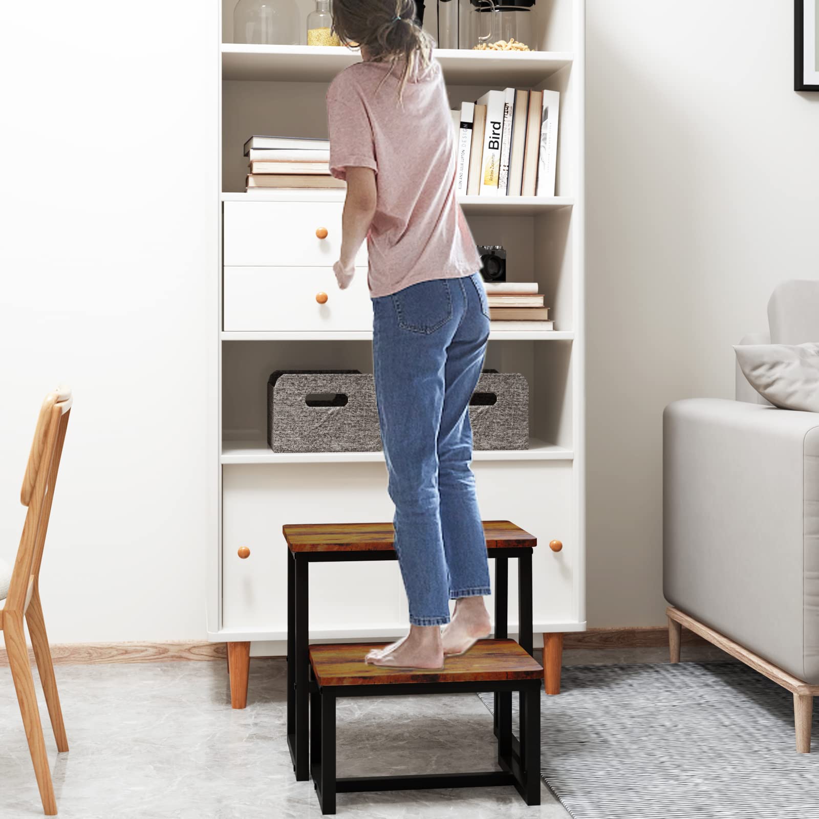 iTsst Step Stool for Adults & Kids,Holds up to 500Lb,3 in1 Heavy Duty Sturdy Two Step Stool for Kichen/Bathroom/High beds, Wooden&Metal Frame, Non-Slip Pads