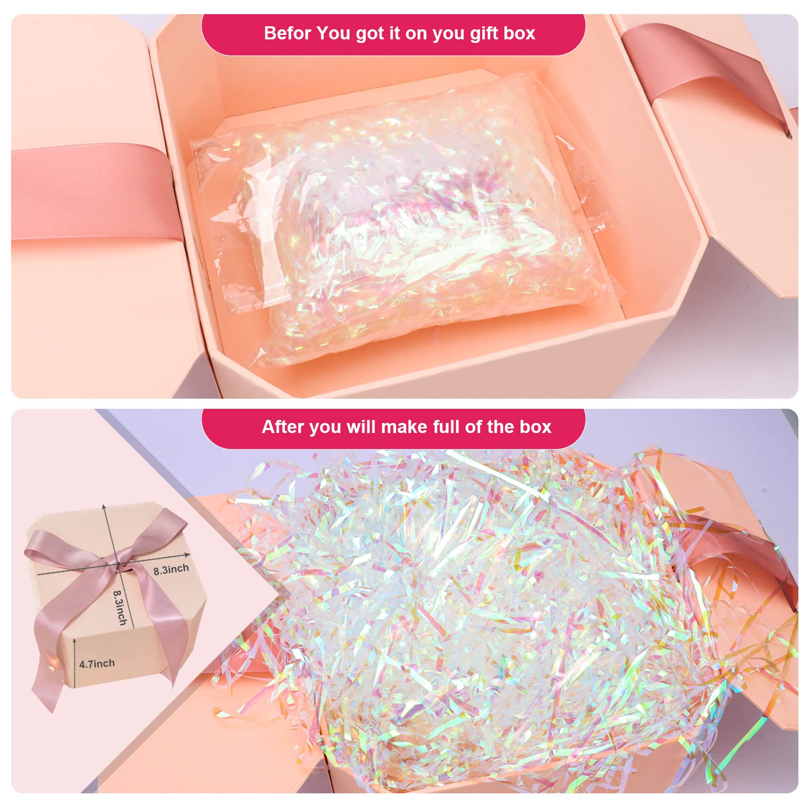 150 Grams / 5.3 Oz Sparkly Iridescent Film PP Hamper Shreds & Strands Shredded Crinkle Confetti for Gift Wrapping & Basket Filling Christmas Gifts Wedding Birthday Bridesmaid Gift Boxes Bags