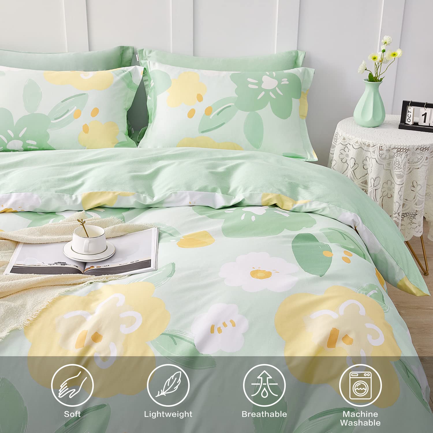 SAPHREAS California King Size Green Floral Duvet Cover Set 4pcs Comforter Cover Set with Fitted Sheet 1 Duvet Cover 98"x104" 1 Fitted Sheet 2 Pillow Shams(No Comforter)