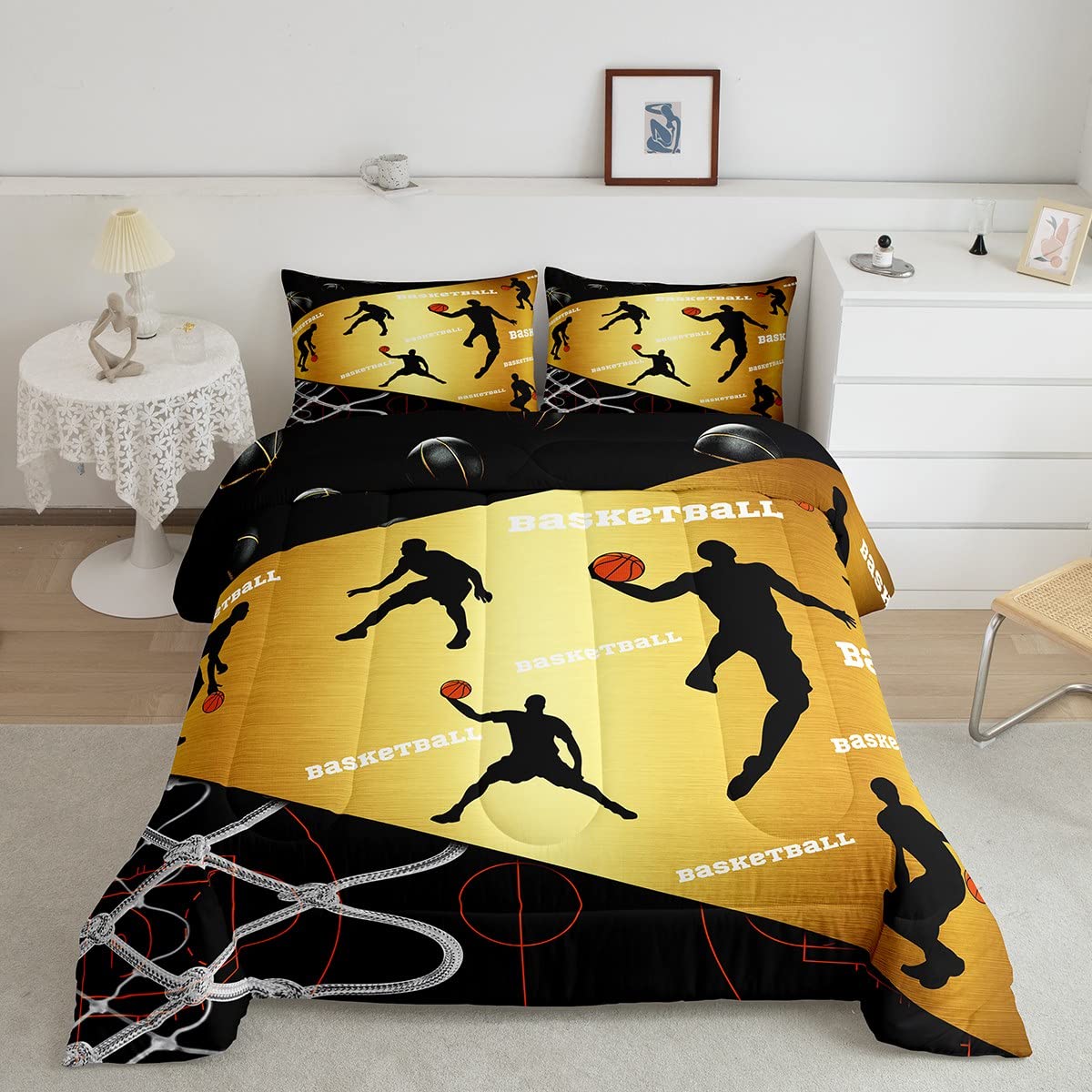 Sports Themed Comforter Sets for Teens Youth,Golden Black Basketball Bedding Sets Kids Gift,Basketball Player Sketch Duvet Insert,Geometric Ball Game Pattern Down Comforter with 2 Pillow Shams,King