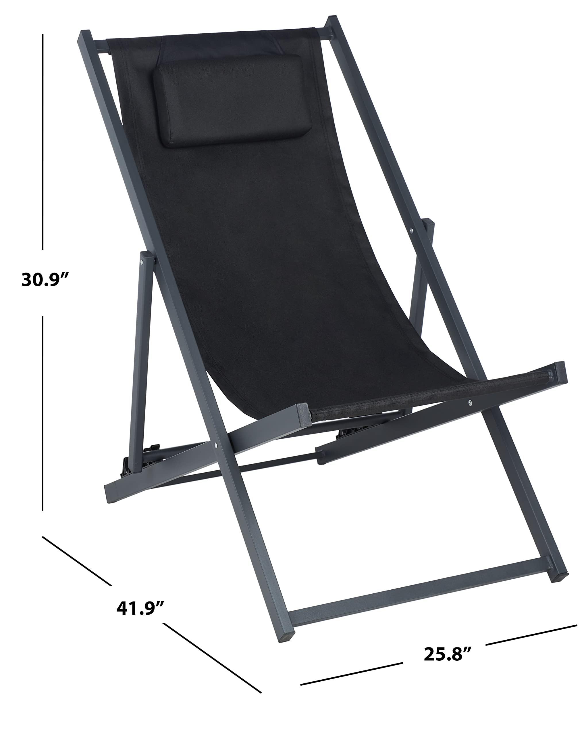 Safavieh PAT9039C-SET2 Outdoor Collection Camlin Black Adjustable Folding Set of 2 (Fully Assembled) Sling Chair Set