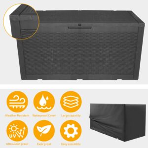 Waterproof Resin Deck Box 100 Gallon Large Storage Box Bench Indoor Outdoor Lockable Imitation Rattan Style Storage Bin Multifunctional Garden Pool Patio Storage Furniture w/ keyhole for Garden Tools