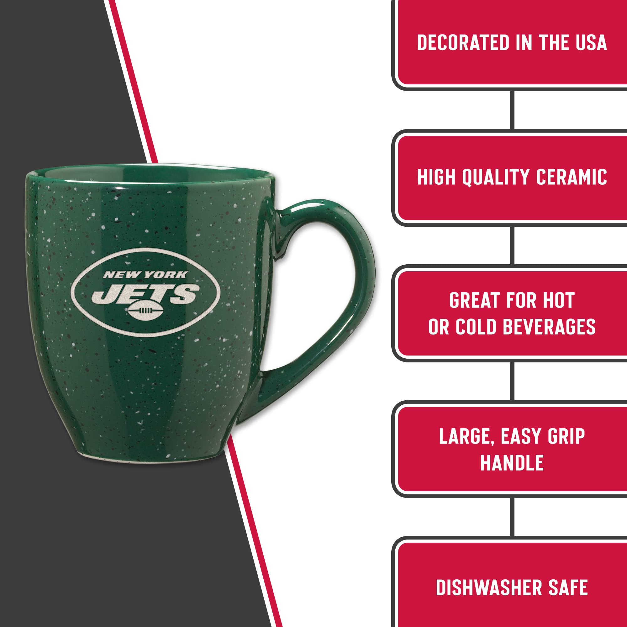 Rico Industries NFL Football New York Jets Primary 16 oz Team Color Laser Engraved Ceramic Coffee Mug