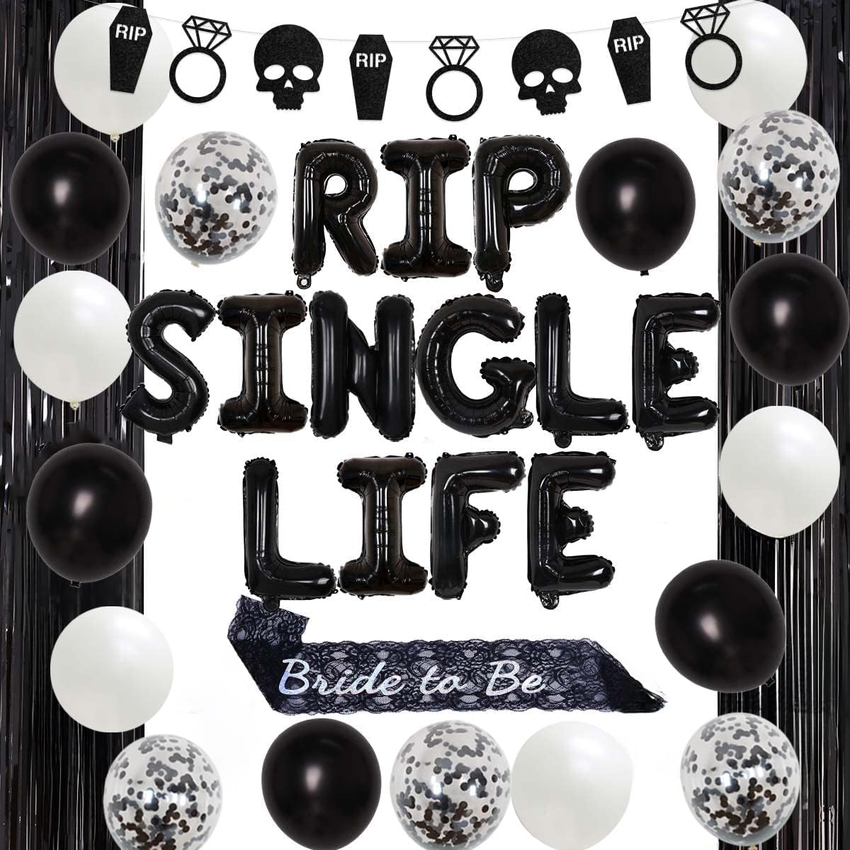 Cheereveal Gothic Bachelorette Party Decorations, Rip Single Life Bachelorette Decorations - Black Coffin Skull Garland Bride to Be Sash Curtain for Bachelorette Engagement Wedding Party