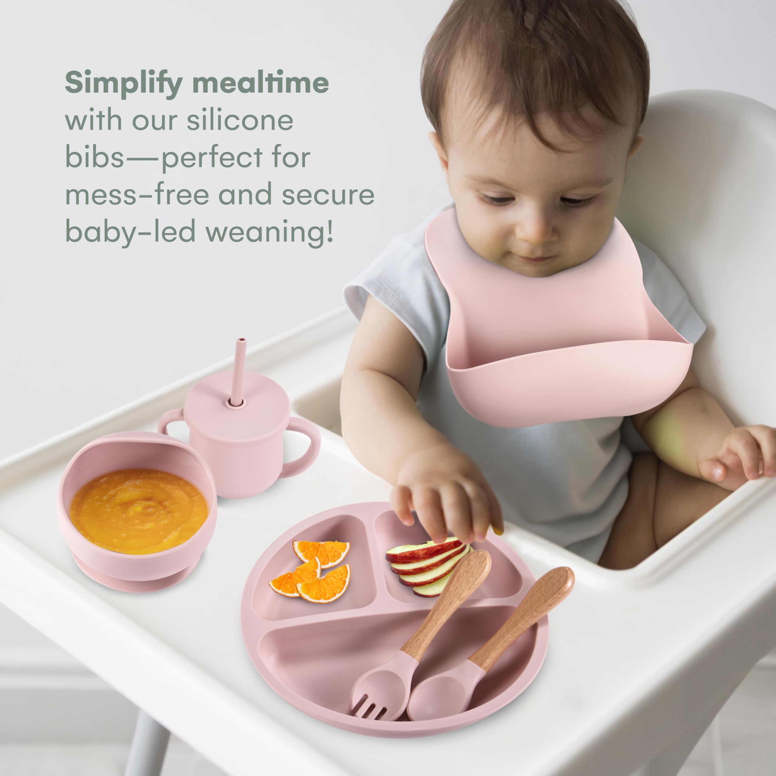 Childlike Behavior Baby Led Weaning Set 6 - Silicone Baby Feeding Set - Pastel Pink Self Feeding Baby Wooden Fork and Spoon, Plates, Bibs - Easy to Grip - Eating Learning Essentials