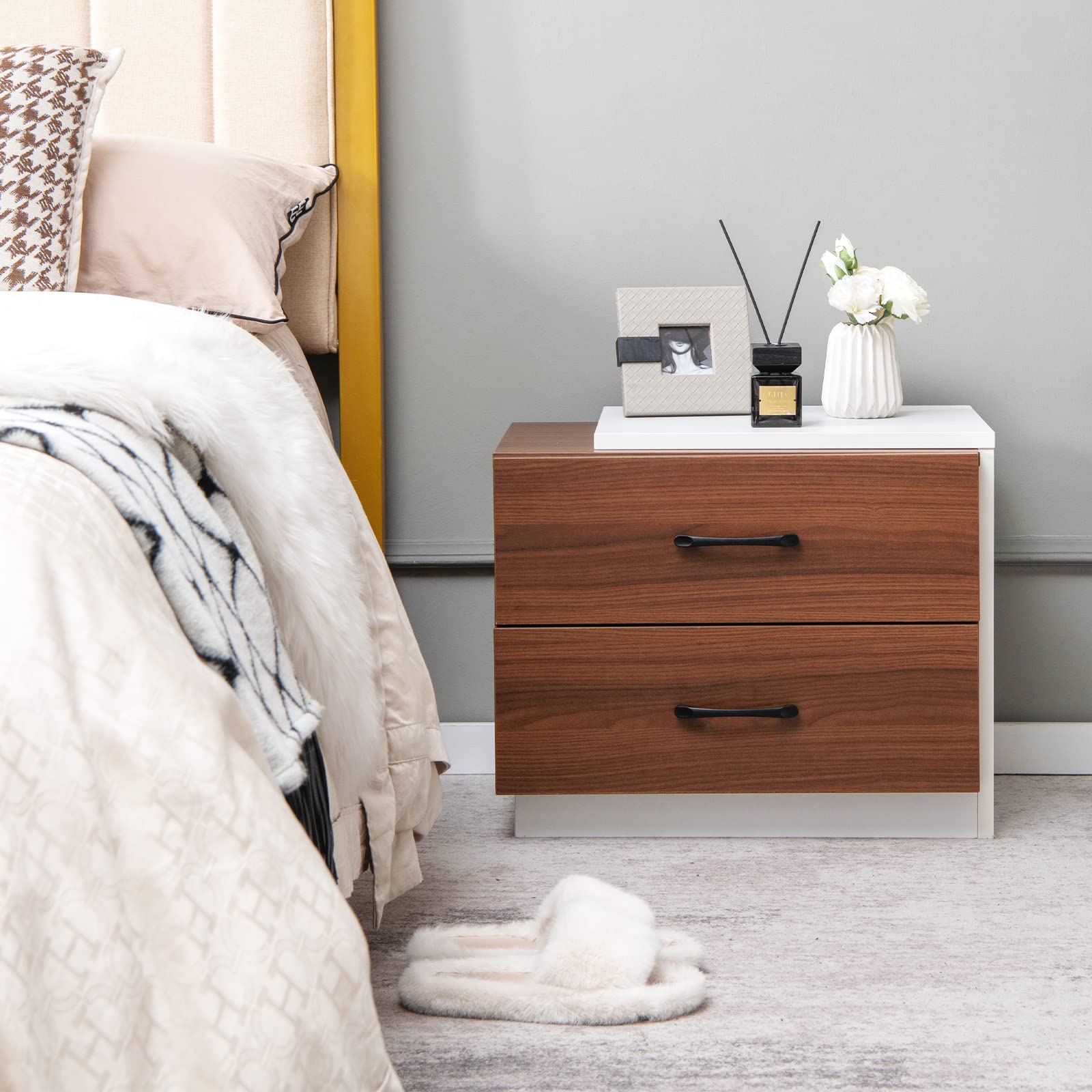 LOKO Modern Nightstand with 2 Drawers, Wooden Bedside Table with Unique Framed Design, Multifunctional End Table for Bedroom, Study, 21.5 x 16 x 18 inches, Walnut & White