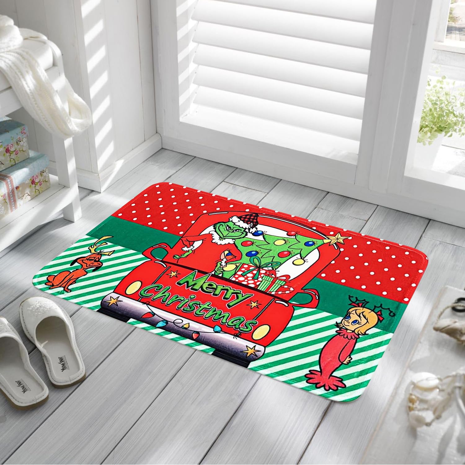 EVECILOO Christma Door Mat, Green Cartoon Character Car Kitchen Rug Decor of Winter Holiday Party Home Decorations Non-Slip, Washable, Stain and Resistant Fade, Car