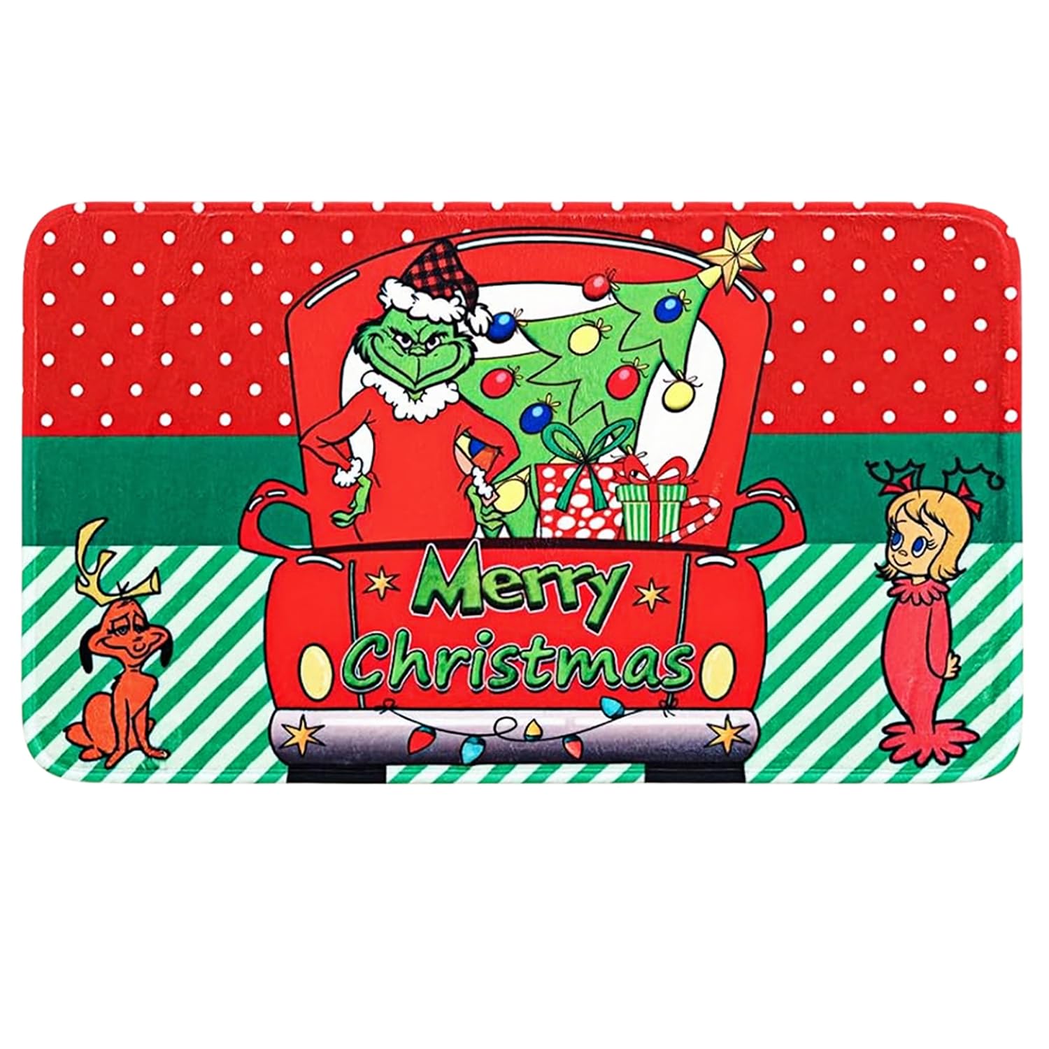 EVECILOO Christma Door Mat, Green Cartoon Character Car Kitchen Rug Decor of Winter Holiday Party Home Decorations Non-Slip, Washable, Stain and Resistant Fade, Car