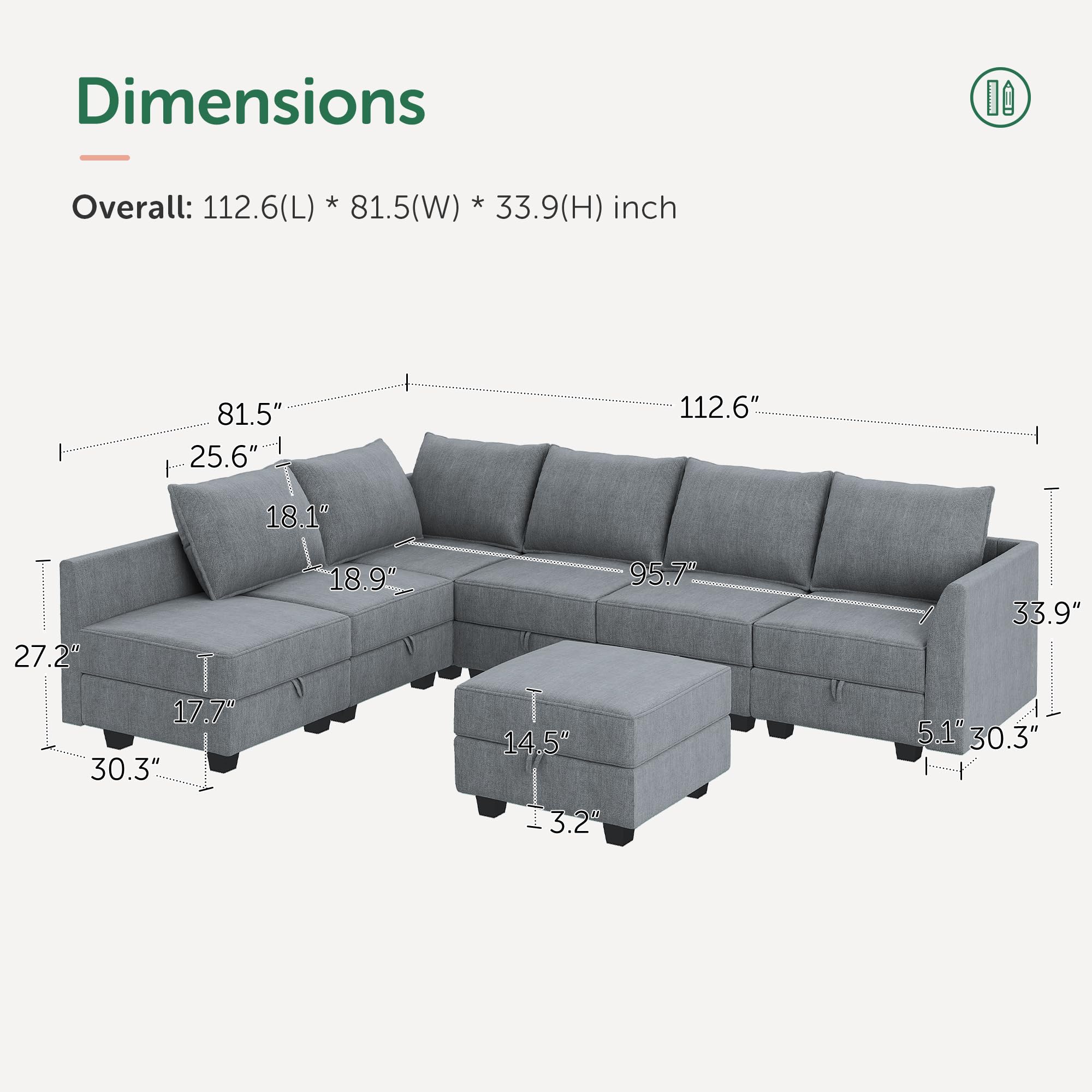 HONBAY Modular Sectional Sofa with Storage Ottoman Fabric Modular Couch with Reversible Chaise 6-Seater L Shape Corner Sofa Sectional Couch, Bluish Grey