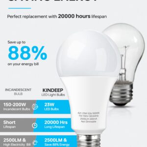 KINDEEP 23W LED Bulbs, A21 Super Bright Light Bulb, 150W-200W Incandescent Bulb Equivalent, E26 LED Light Bulbs, 2500 Lumens, Daylight White 5000K for Store, Garage, Warehouse, 6 Pack