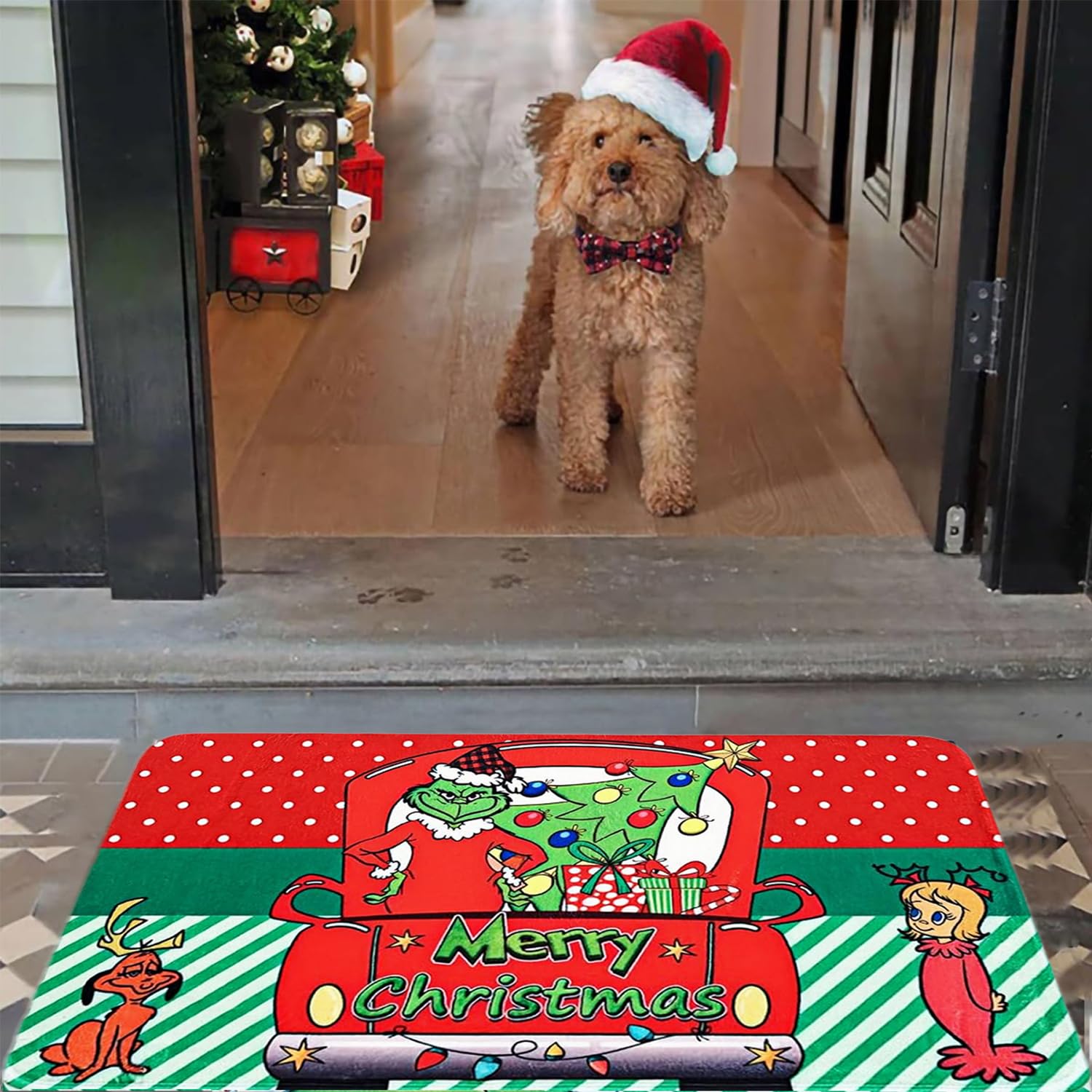 EVECILOO Christma Door Mat, Green Cartoon Character Car Kitchen Rug Decor of Winter Holiday Party Home Decorations Non-Slip, Washable, Stain and Resistant Fade, Car