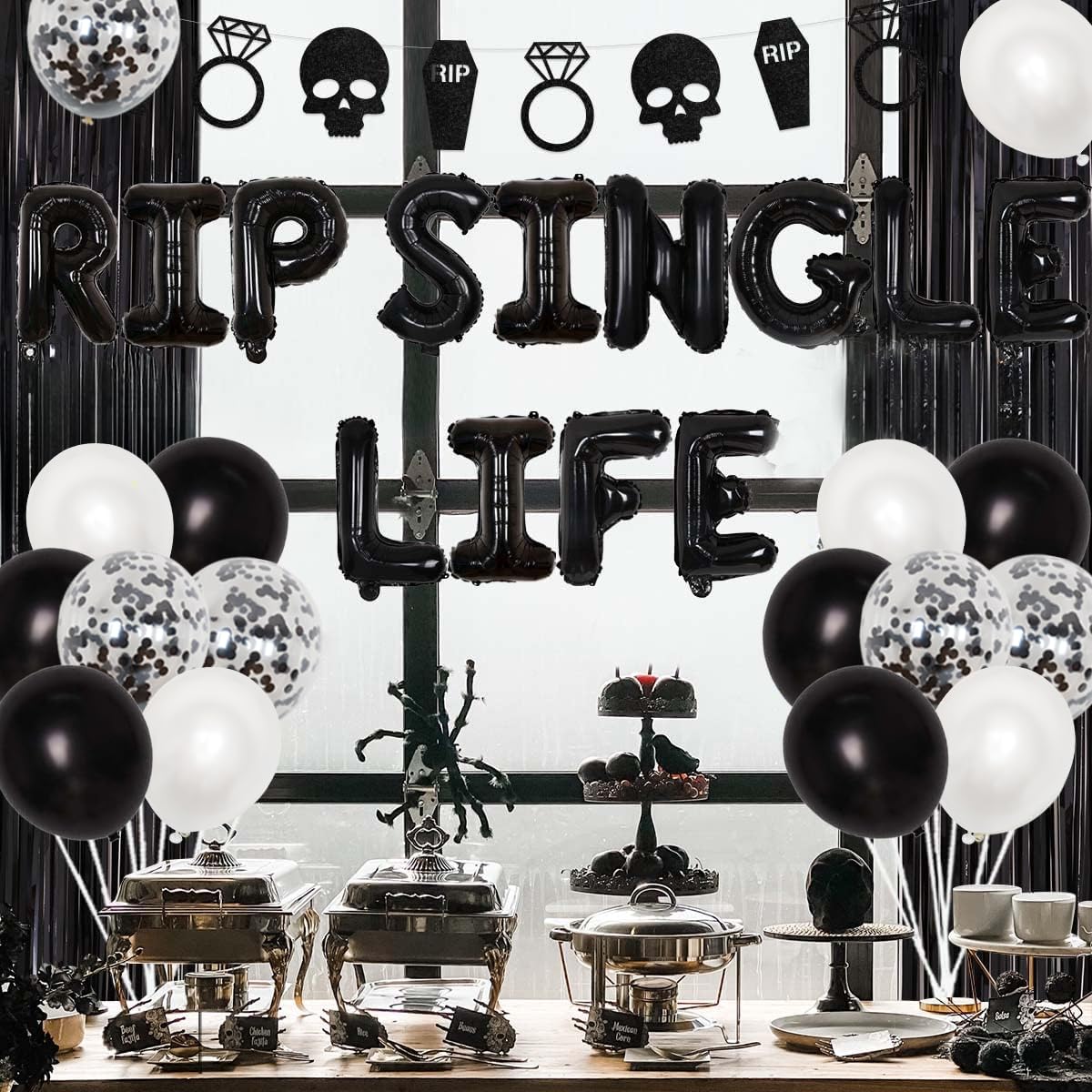 Cheereveal Gothic Bachelorette Party Decorations, Rip Single Life Bachelorette Decorations - Black Coffin Skull Garland Bride to Be Sash Curtain for Bachelorette Engagement Wedding Party