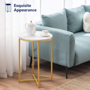 TECHMILLY Round End Table, Faux Marble Sofa Table, Accent Side Table with Metal Frame, Modern Gold Nightstand, Tall Coffee Table for Living Room, Bedroom-2 Packs