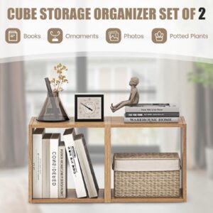 LOKO Stackable 2 Cube Storage Organizer, Freestanding Cubby Storage Bookcase with Anti-toppling Device, 2-Tier Bookshelf, Combinable Record Player Stand for Living Room Bedroom Study (1, Natural)