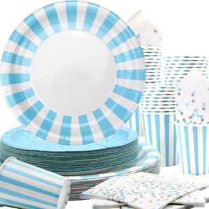 kefan light blue striped party supplies, blue and silver birthday party, sky blue paper plates and napkins set for boys baby shower birthday graduation summer blue party, services 40 (light blue)