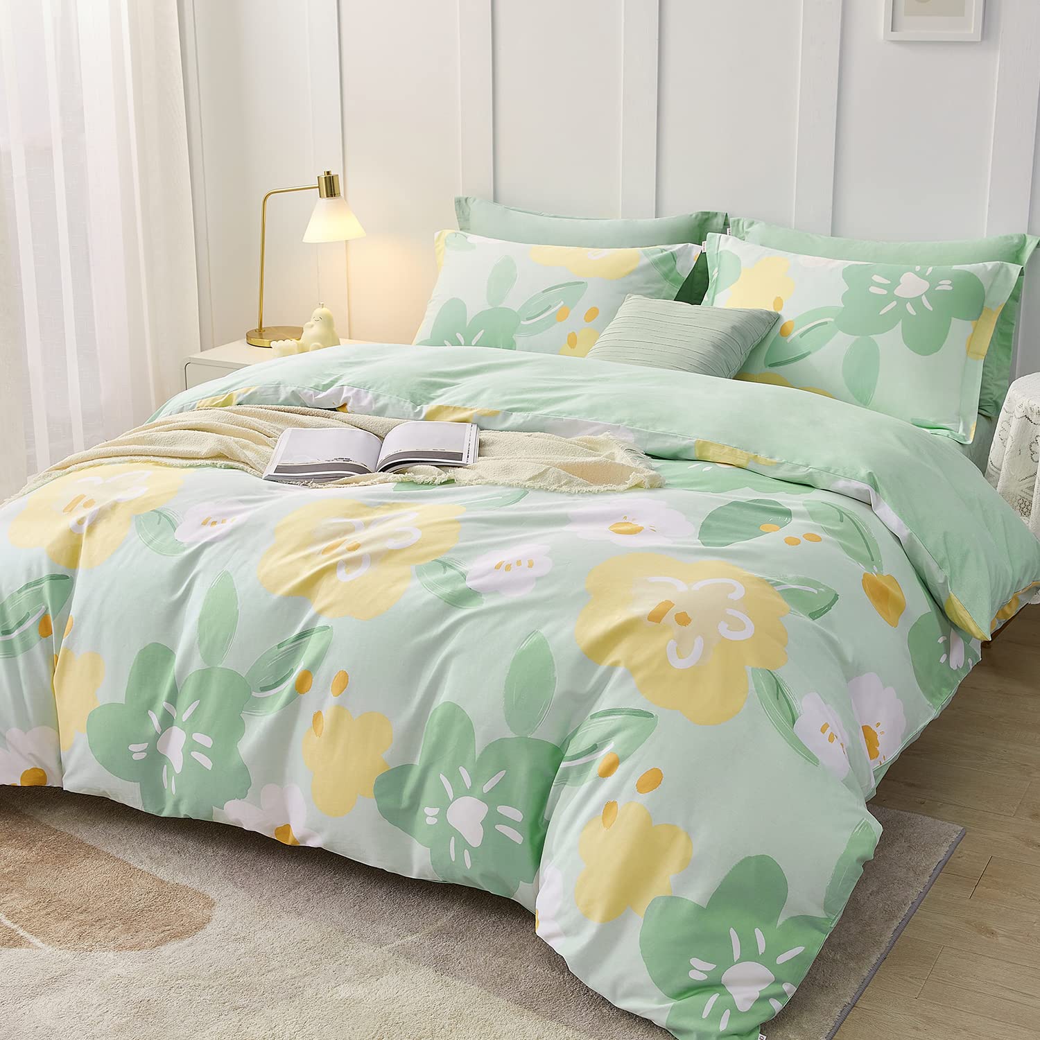 SAPHREAS California King Size Green Floral Duvet Cover Set 4pcs Comforter Cover Set with Fitted Sheet 1 Duvet Cover 98"x104" 1 Fitted Sheet 2 Pillow Shams(No Comforter)