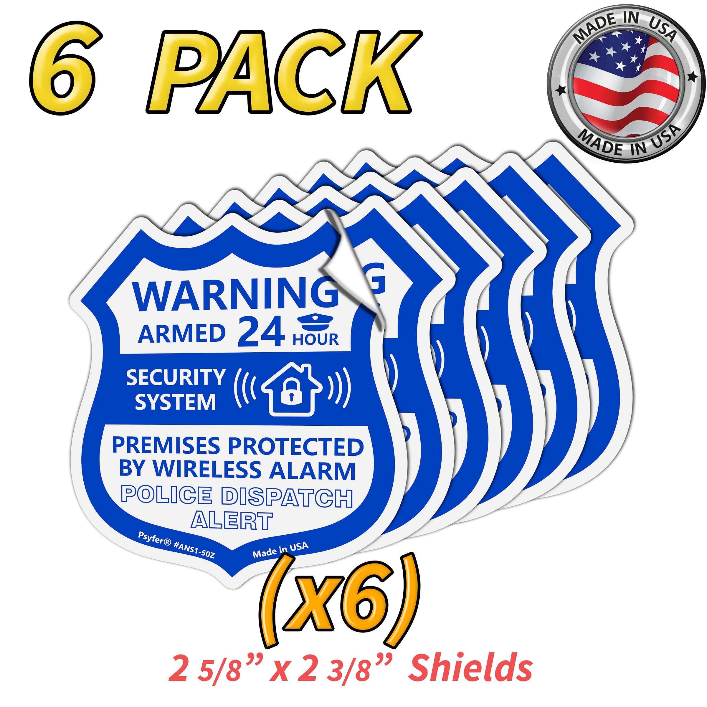 Psyfer® (Fade-Free) 6 Pack - Small Alarm Security Outdoor UV Window Stickers [Made in USA]