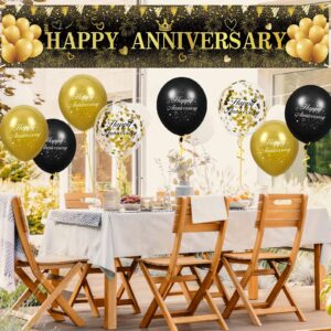 Black Gold Wedding Anniversary Decoration, Black Gold Happy Anniversary Yard Banner and 18Pcs Happy Anniversary Latex Balloons for Black Gold Wedding Anniversary Birthday Party Decorations