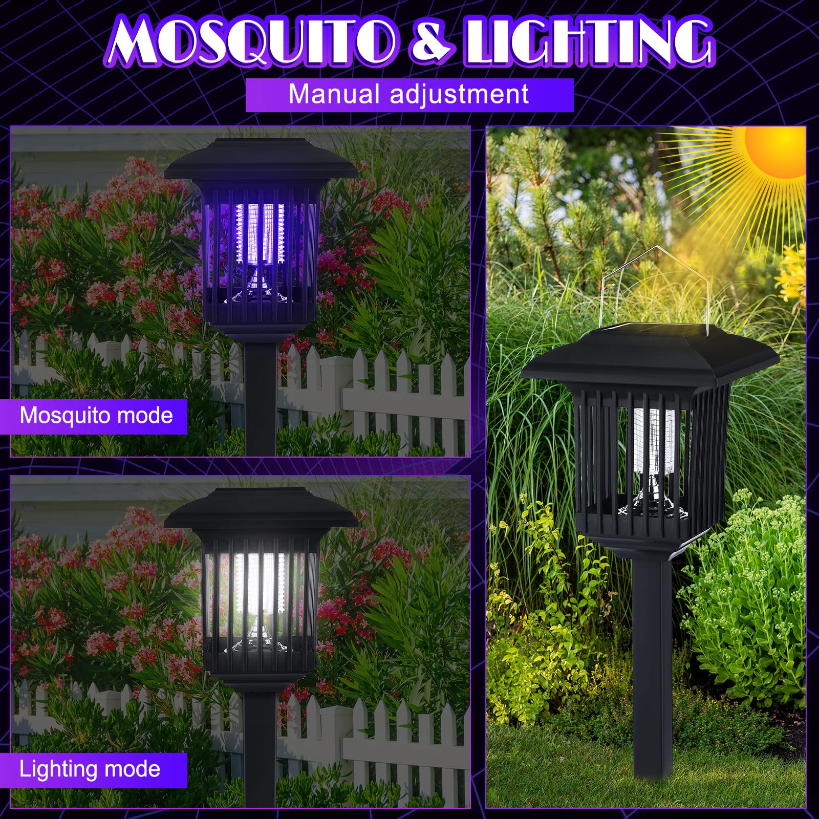 Solar Bug Zapper Outdoor UV Mosquito Killer Black Fly Repellent Light Waterproof Pest Control Insect Fly Trap LED Insecticidal Lamp Hang or Stake in The Ground for Indoor Home Garden(4 Pack)