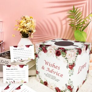 Bridal Shower Game, Advice and Wishes Cards for Newlyweds, 50 Pieces Rose Flower Themed Advice Cards with Holder Box for Bridal Shower, Meaningful Wedding Party Activity Decorations Supplies