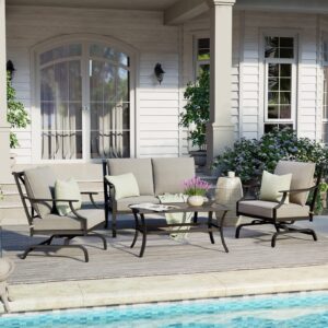 Grand patio Outdoor 4-Piece Patio Furniture Set Conversation Set with Olefin Cushions 2 Rocking Motion Chairs 1 Fixed Loveseat Glass Coffee Table, Dark Gray