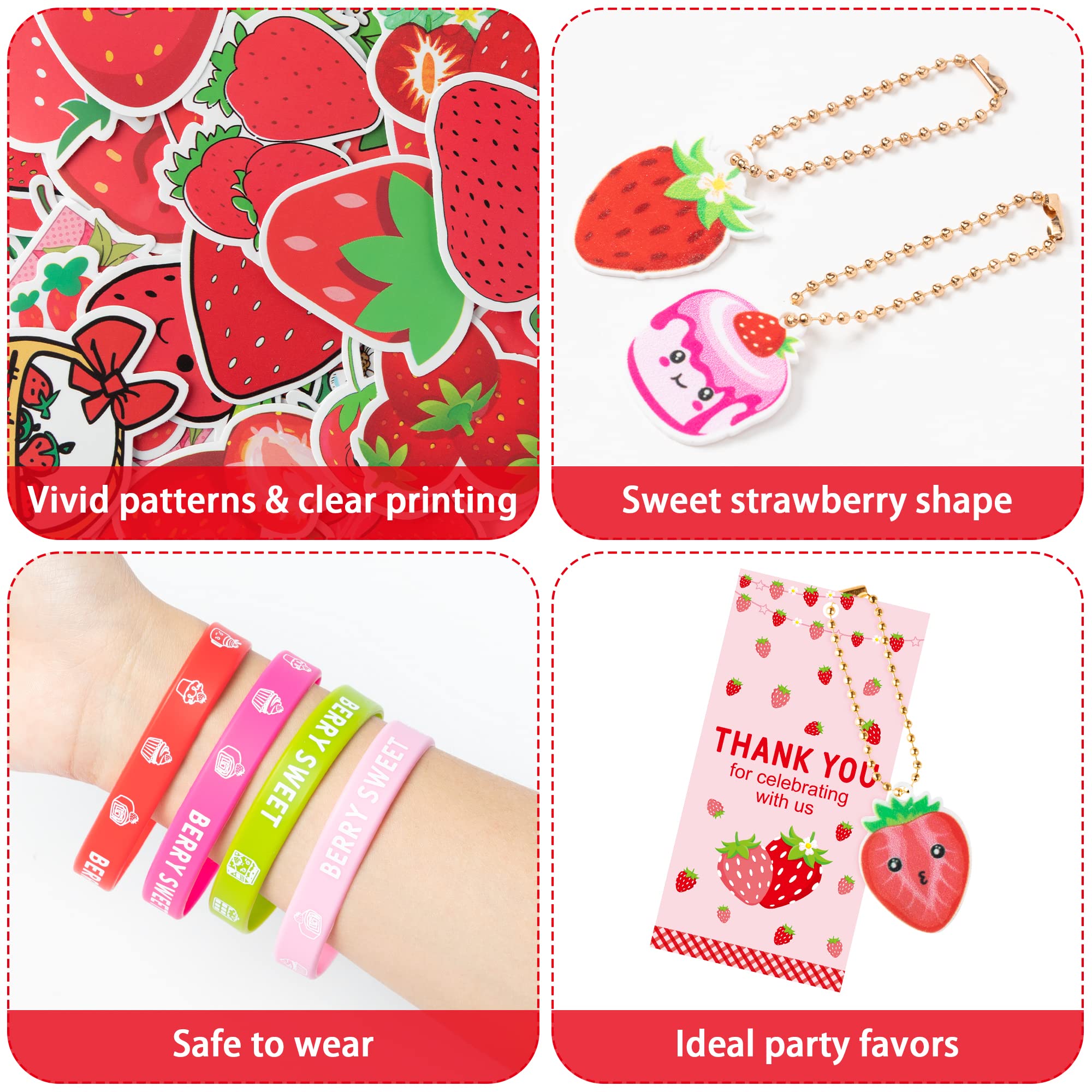 Haooryx 110PCS Strawberry Theme Party Favors Fruit Mochi Toys Berry Sweet Rubber Bracelet Acrylic Strawberry Scrapbook Stickers Keychains with Thank You Card for Girls Birthday Summer Party Goodie Bag