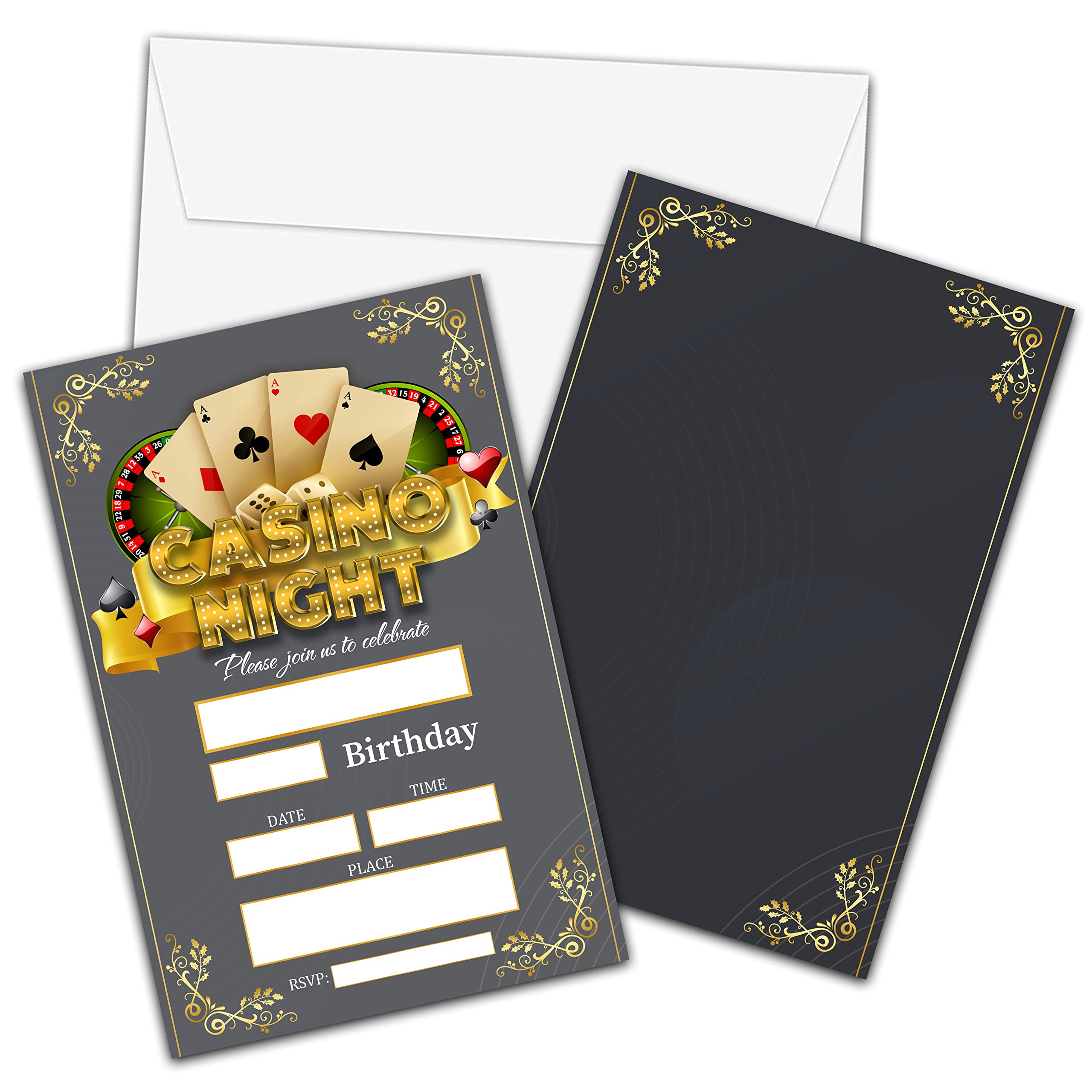 Casino Birthday Invitations with Envelopes - Game Night Party Invitation Card for Adults - Casino Night Themed Fill-in Invites Cards - Holiday Party Celebration(20 Pack) -09