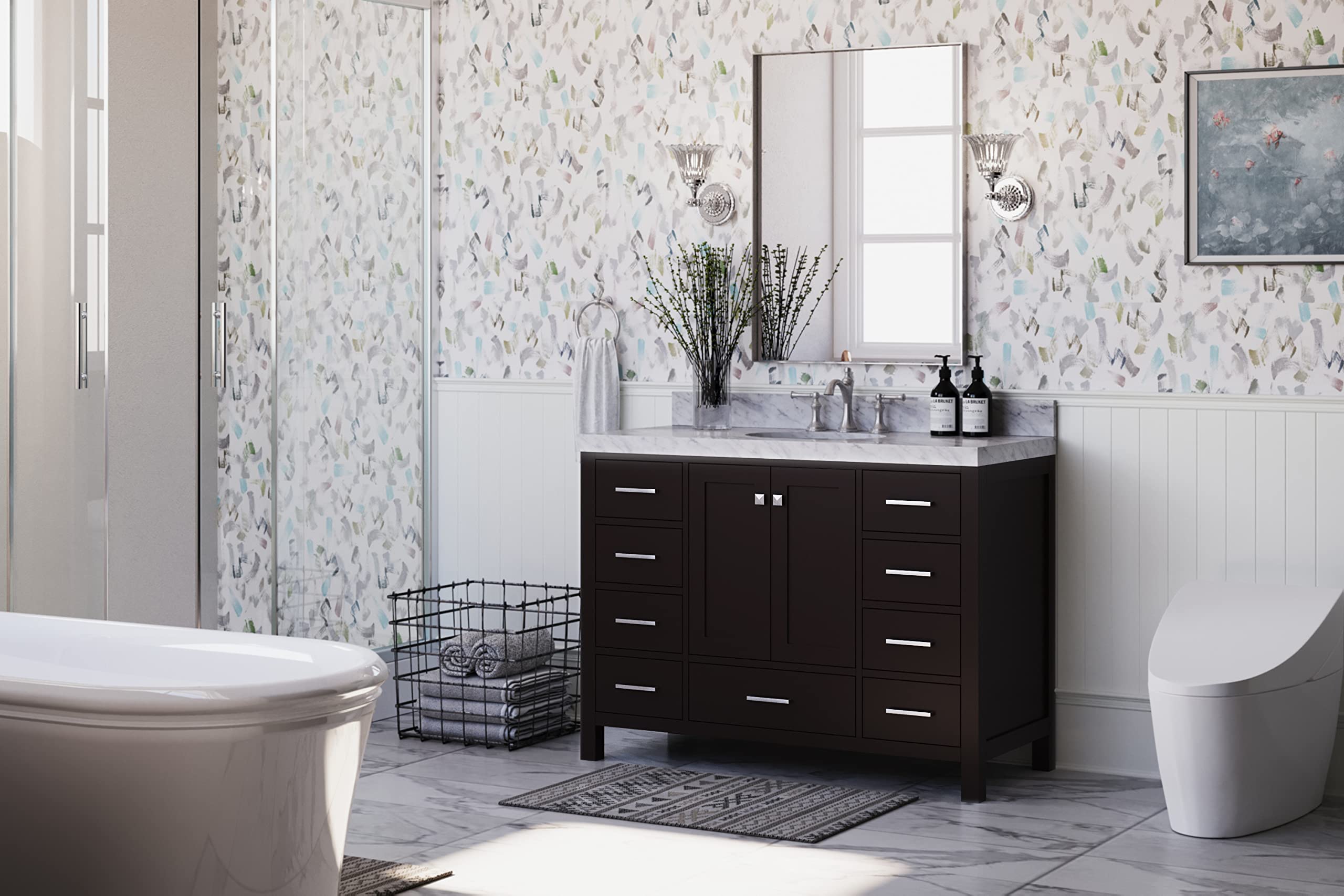 ARIEL Bathroom Vanity 48" Espresso with 2" Edge Italian Carrara Marble Countertop & Backsplash, Center Oval Sink, 2 Soft Closing Doors, 9 Full Extension Dovetail Drawers, Brushed Nickel