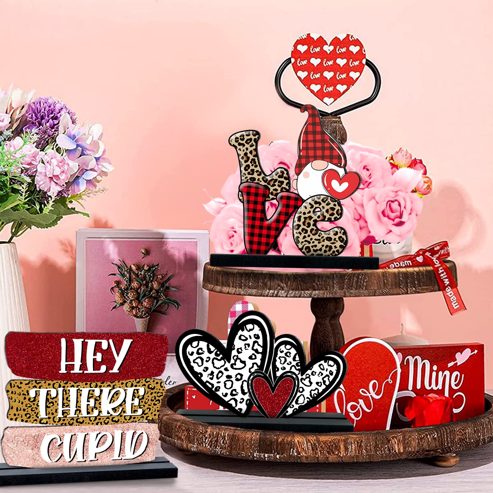 clothmile 4 Pieces Valentine's Day Wooden Heart Sign Hey There Couple Kiss Love Wood Blocks for Happy Valentine's Day Party Table Desk Home Decoration Wedding Decor (valentine 143)