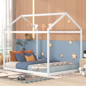 queen house bed wood montessori floor beds for kids wood cabin/tent/canopy bed frame for girls boys teens adults, queen size, white