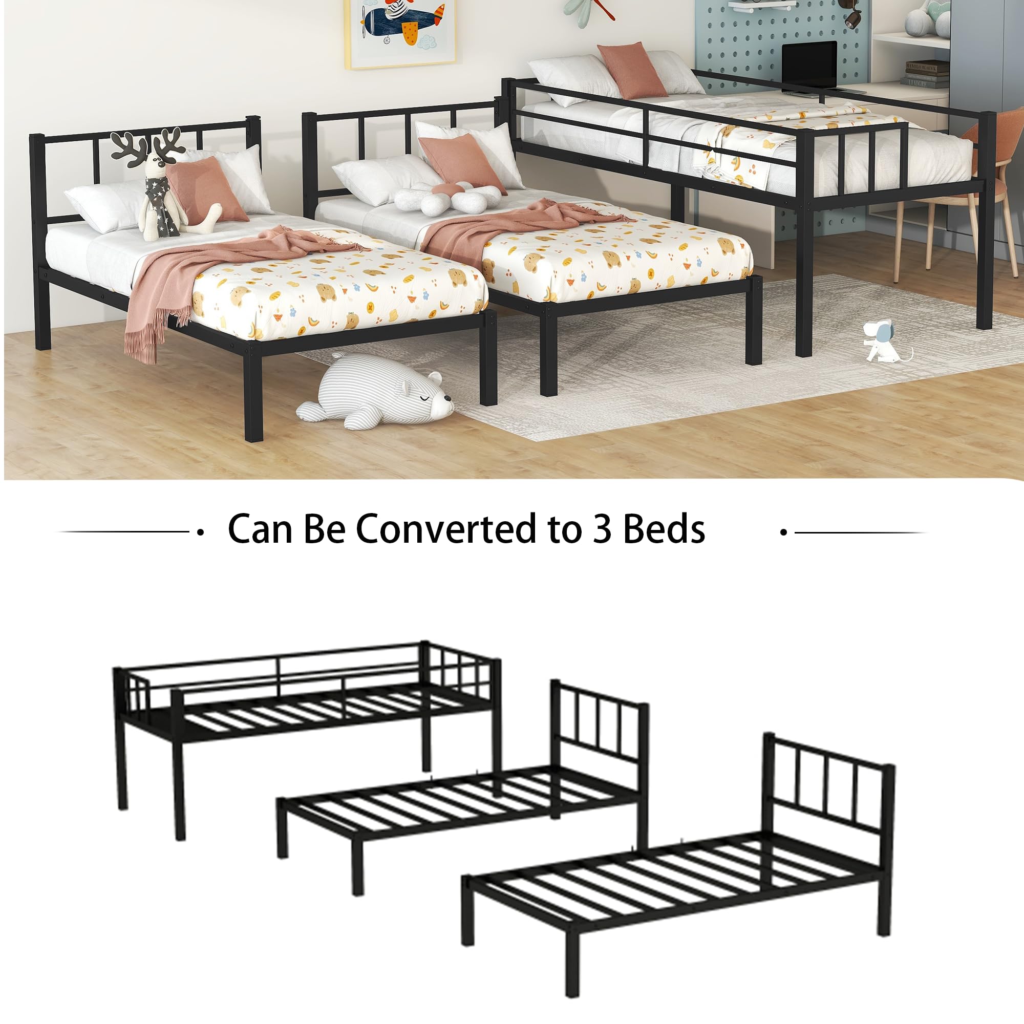 Triple Bunk Beds for 3 Twin Over Two Twin Metal Bunk Bed Frame Three Beds Bunk Bed with Storage Shelf for Kids Boys Girls Teens, Black