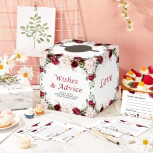 Bridal Shower Game, Advice and Wishes Cards for Newlyweds, 50 Pieces Rose Flower Themed Advice Cards with Holder Box for Bridal Shower, Meaningful Wedding Party Activity Decorations Supplies