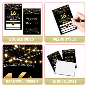 16th Birthday Invitations with Envelopes - Black Gold Glitter Fill-in Invites Cards - Surprise Birthday Party Invitation Card for Her Him - Birthday Party Favors Supplies Decorations (20 Pack)