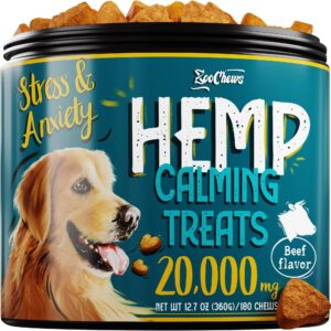 dog calming treats - calming chews for dogs with beef flavour - helps with dog anxiety, separation, barking, stress relief, thunderstorms - calming ingredients for behavior support (beef - 180 chews)