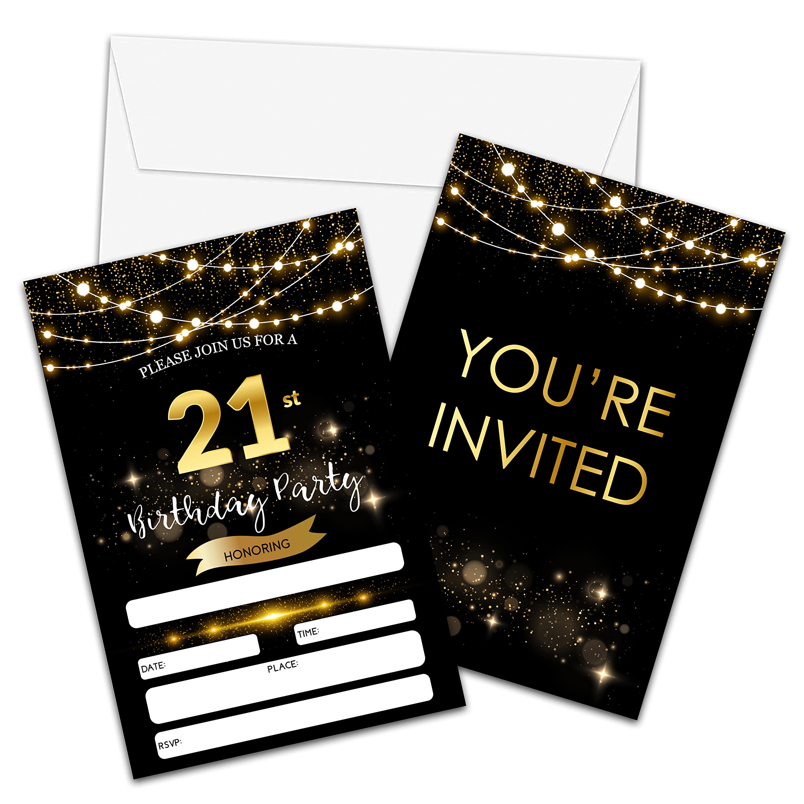 21th Birthday Invitations with Envelopes - Black Gold Glitter Fill-in Invites Cards - Surprise Birthday Party Invitation Card for Him/Her - Adults Birthday Party Favors Supplies Decorations (20 Pack)