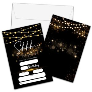 surprise birthday invitations with envelopes - shhh it's a surprise party invitation card for kids adults - black gold glitter fill-in invites cards(20 pack) -16