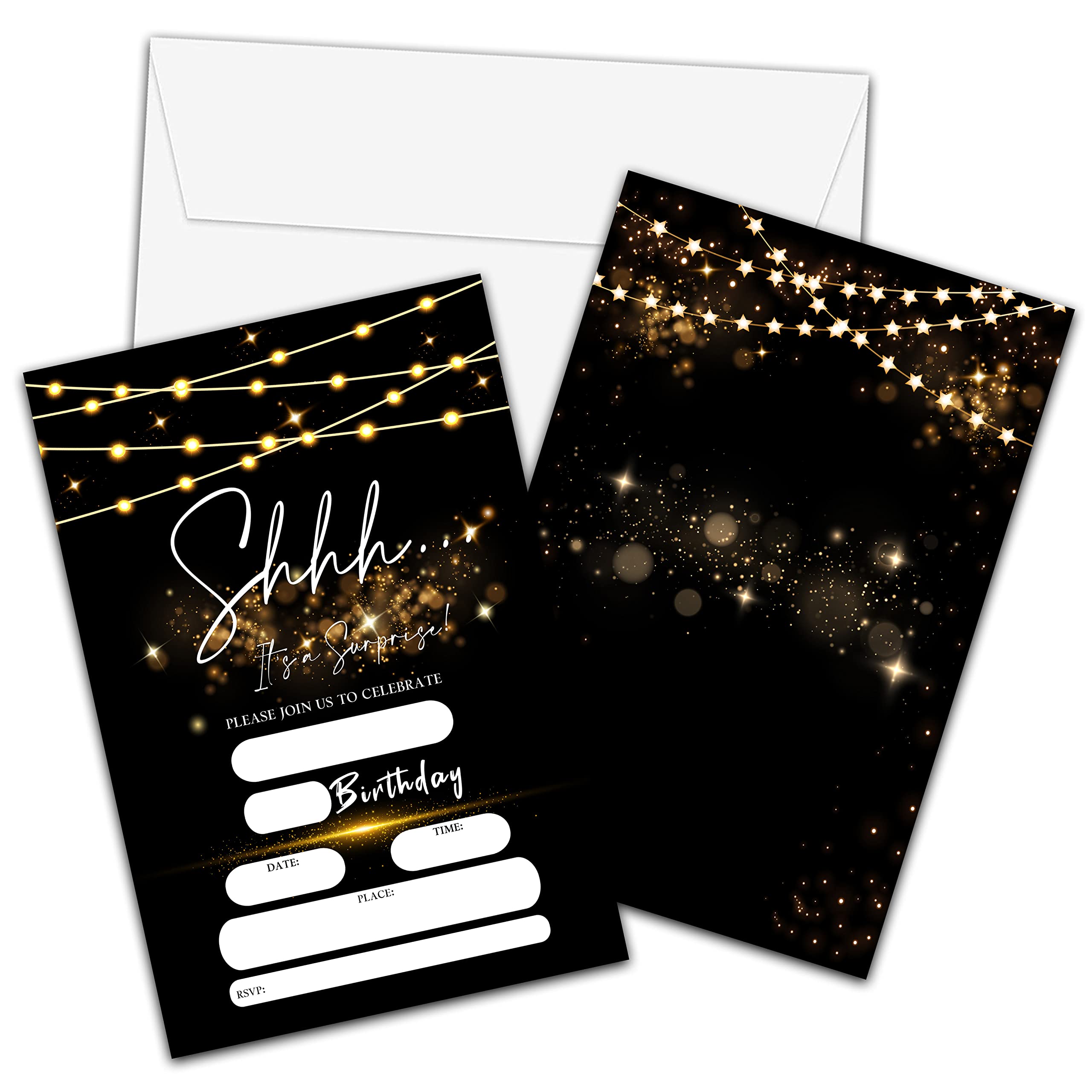 Surprise Birthday Invitations with Envelopes - Shhh It's A Surprise Party Invitation Card for Kids Adults - Black Gold Glitter Fill-in Invites Cards(20 Pack) -16