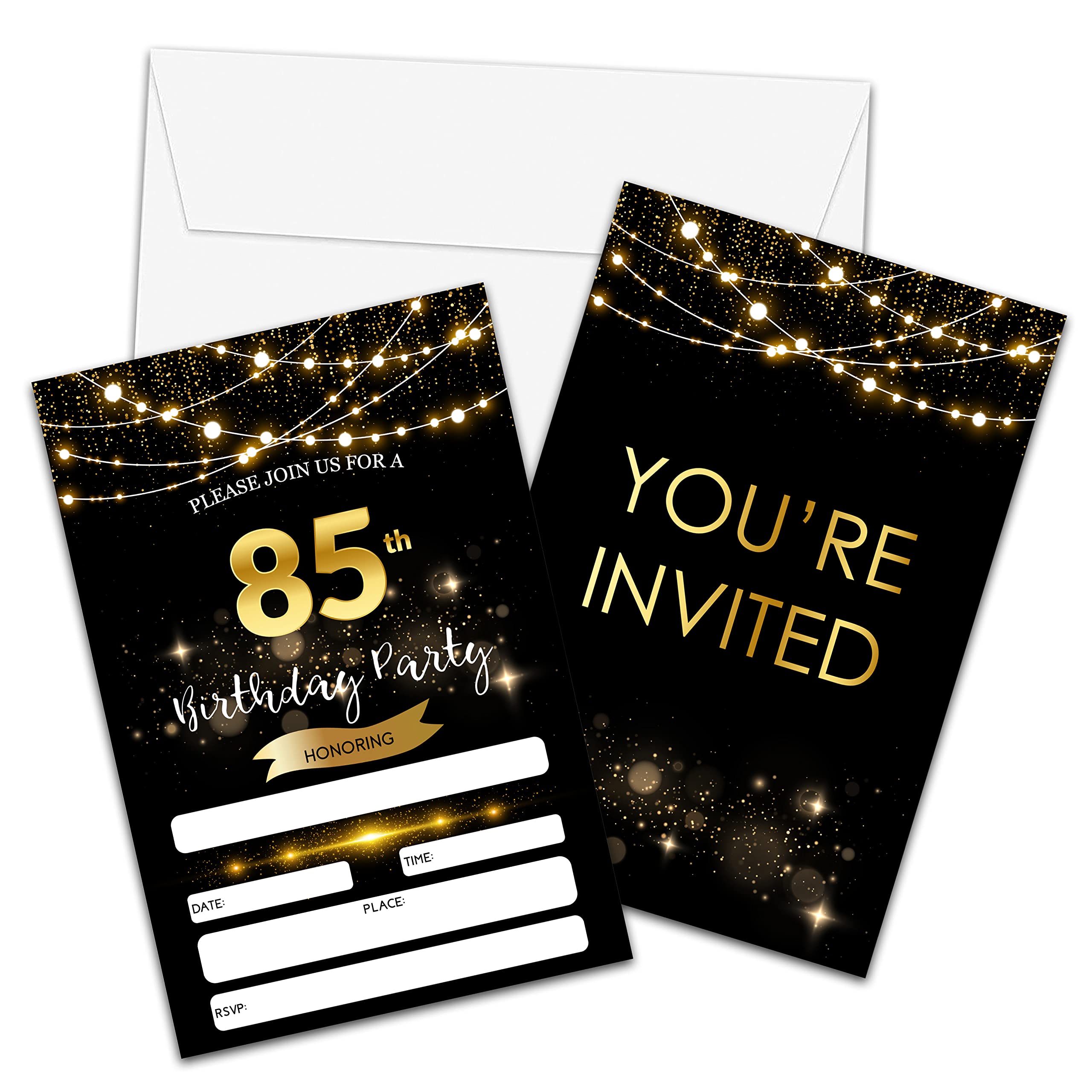 85th Birthday Invitations with Envelopes - Black Gold Glitter Fill-in Invites Cards - Surprise Birthday Party Invitation Card for Him/Her - Adults Birthday Party Favors Supplies Decorations (20 Pack)