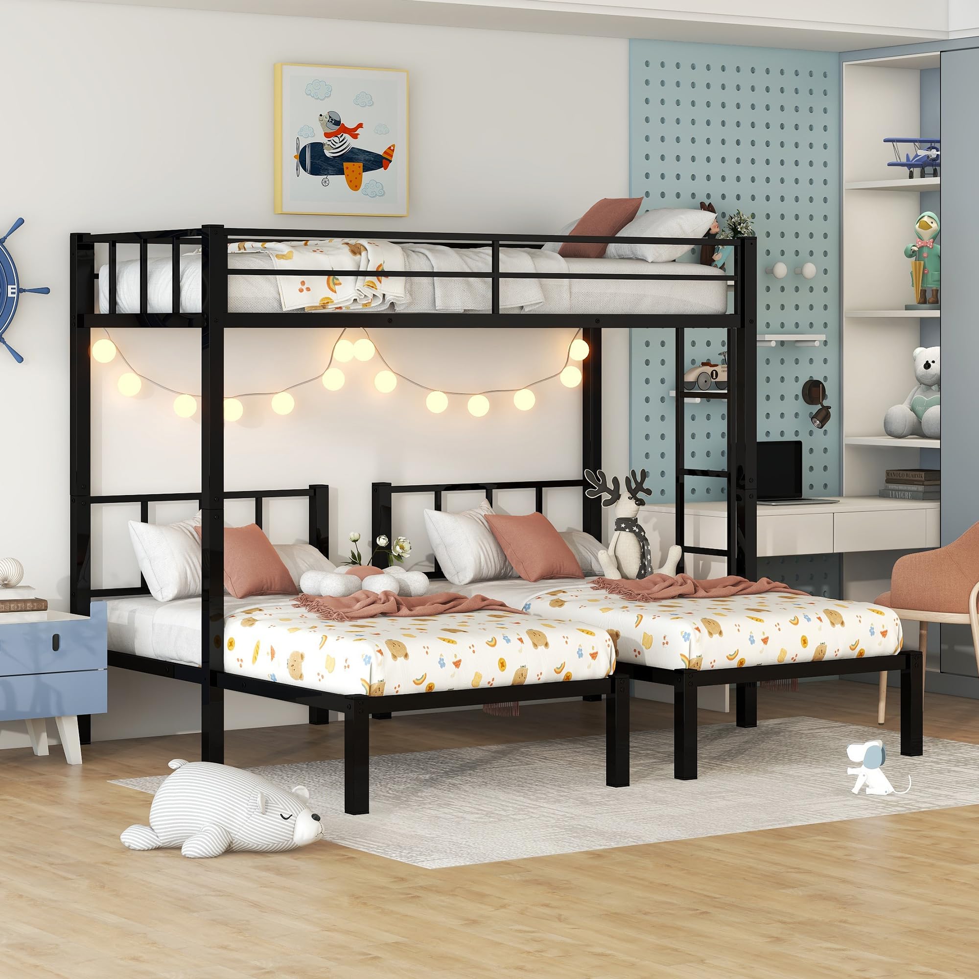 Triple Bunk Beds for 3 Twin Over Two Twin Metal Bunk Bed Frame Three Beds Bunk Bed with Storage Shelf for Kids Boys Girls Teens, Black