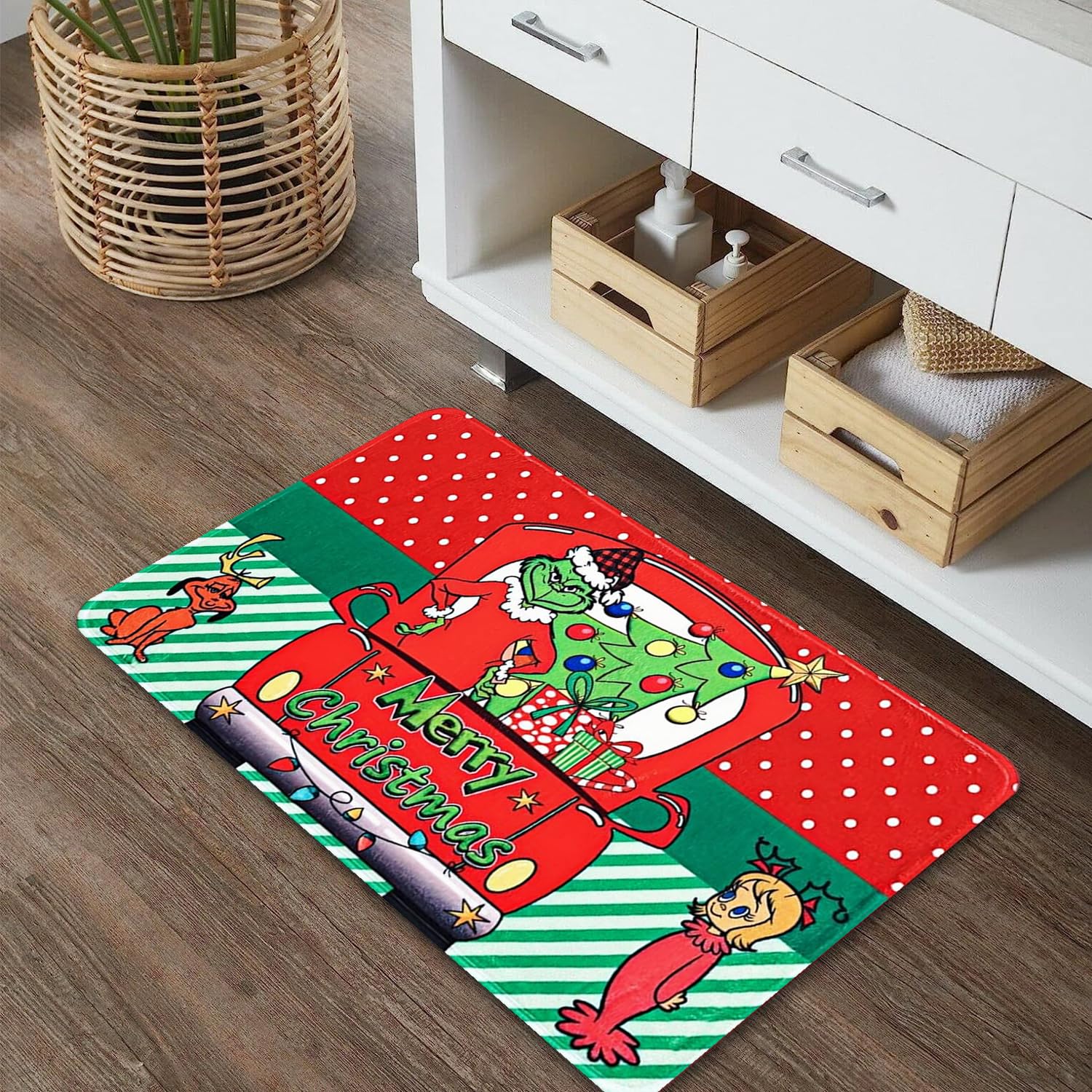 EVECILOO Christma Door Mat, Green Cartoon Character Car Kitchen Rug Decor of Winter Holiday Party Home Decorations Non-Slip, Washable, Stain and Resistant Fade, Car