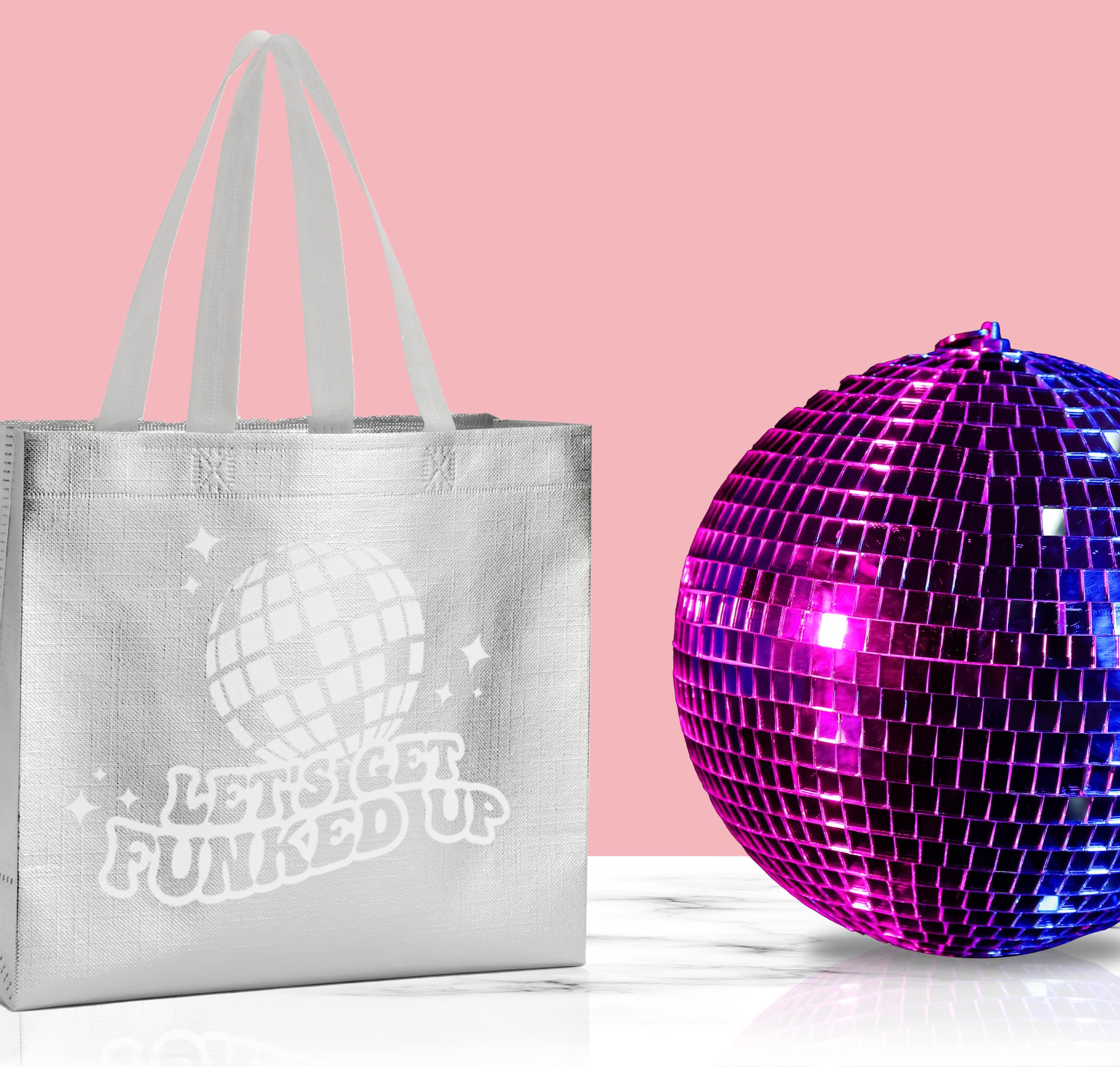 Pop Fizz Designs Last Disco Bachelorette Gift Bags (Set of 7) 70s Bachelorette Party Favors Bags I Let’s Get Funked Up Non-Woven Disco Tote Gift Bags I Iridescent Bridesmaid Bags