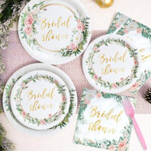 QIFU Bridal Shower Decorations Party Tableware - Pink and Gold Floral Paper Plates,Dessert Plates,Napkins and Forks Sets for 24 Guests, Celebrate the Bride-to-be Bachelorette Party Supplies