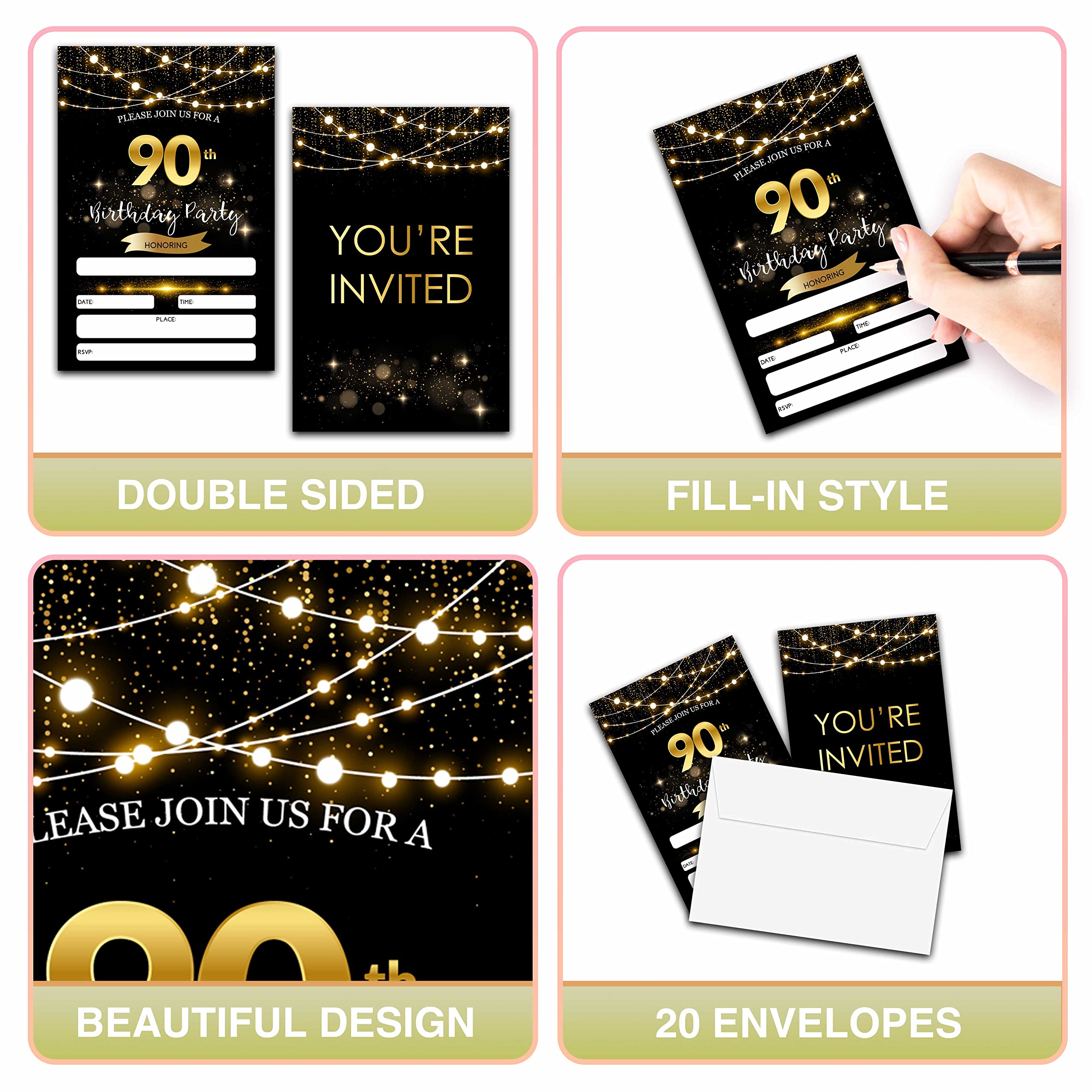 90th Birthday Invitations with Envelopes - Black Gold Glitter Fill-in Invites Cards - Surprise Birthday Party Invitation Card for Him/Her - Adults Birthday Party Favors Supplies Decorations (20 Pack)