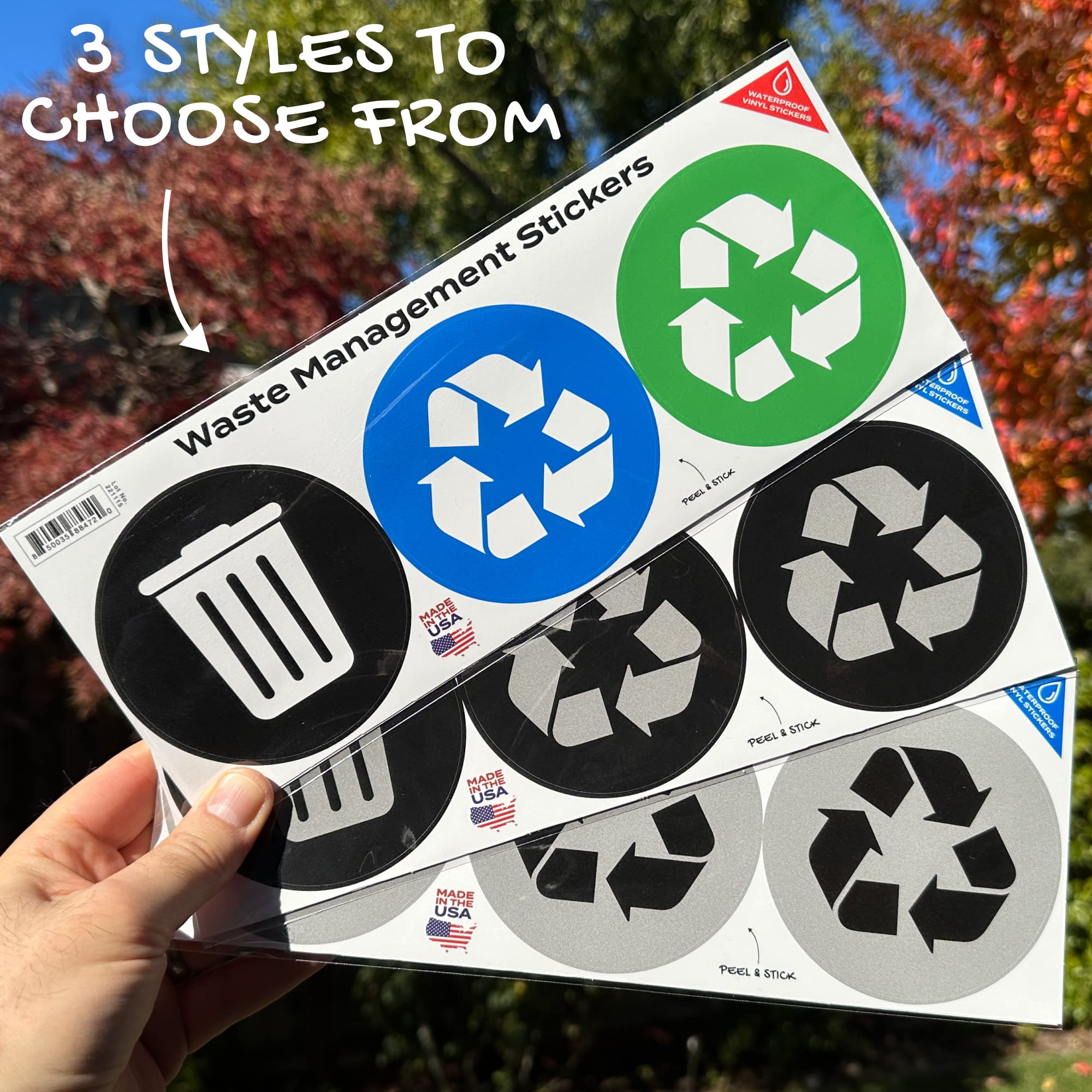 Stickios Recycle Stickers for Trash Cans (3 PCS) - Bubble-Free, Damage-Free, Removable Vinyl - Indoor or Outdoor Garbage Bins - Waste Management Stickers (Black)